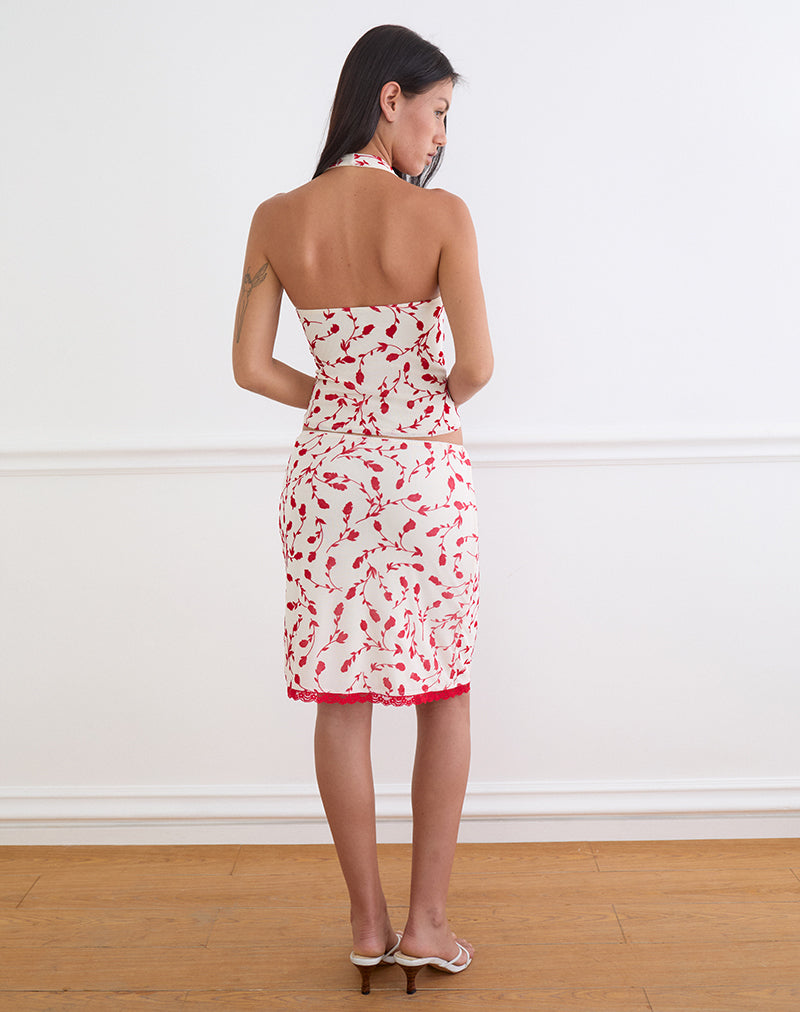 Image of Radu Midi Skirt in Cream with Red Leafy Lily Flock