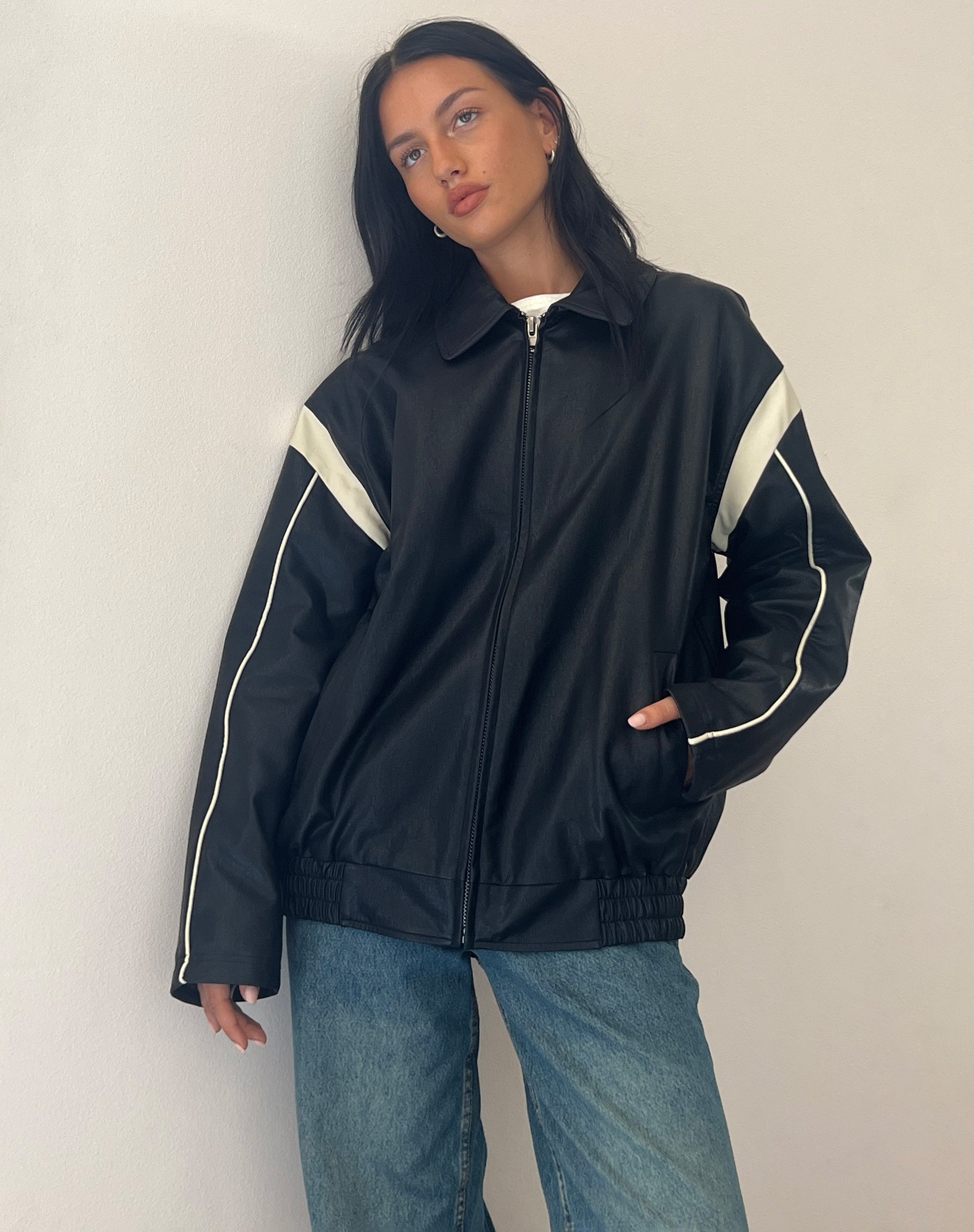 Image of Corvina PU Jacket in Black with Ivory