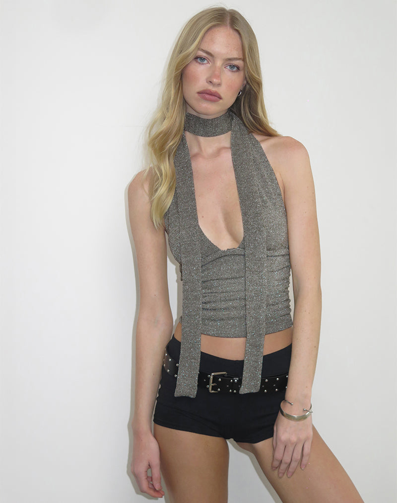 Cosimo Halter Neck Top with Scarf in Glitter Knit Khaki