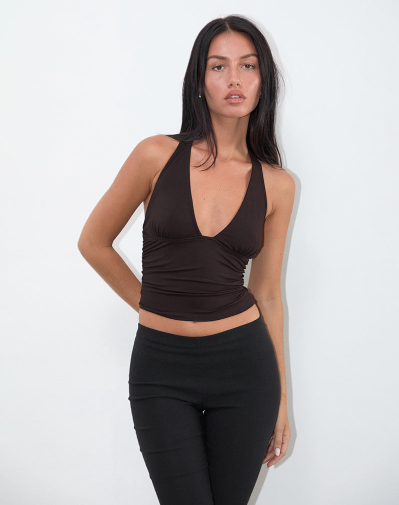 Image of Cosmo Halterneck Top in Jersey Chocolate Brown