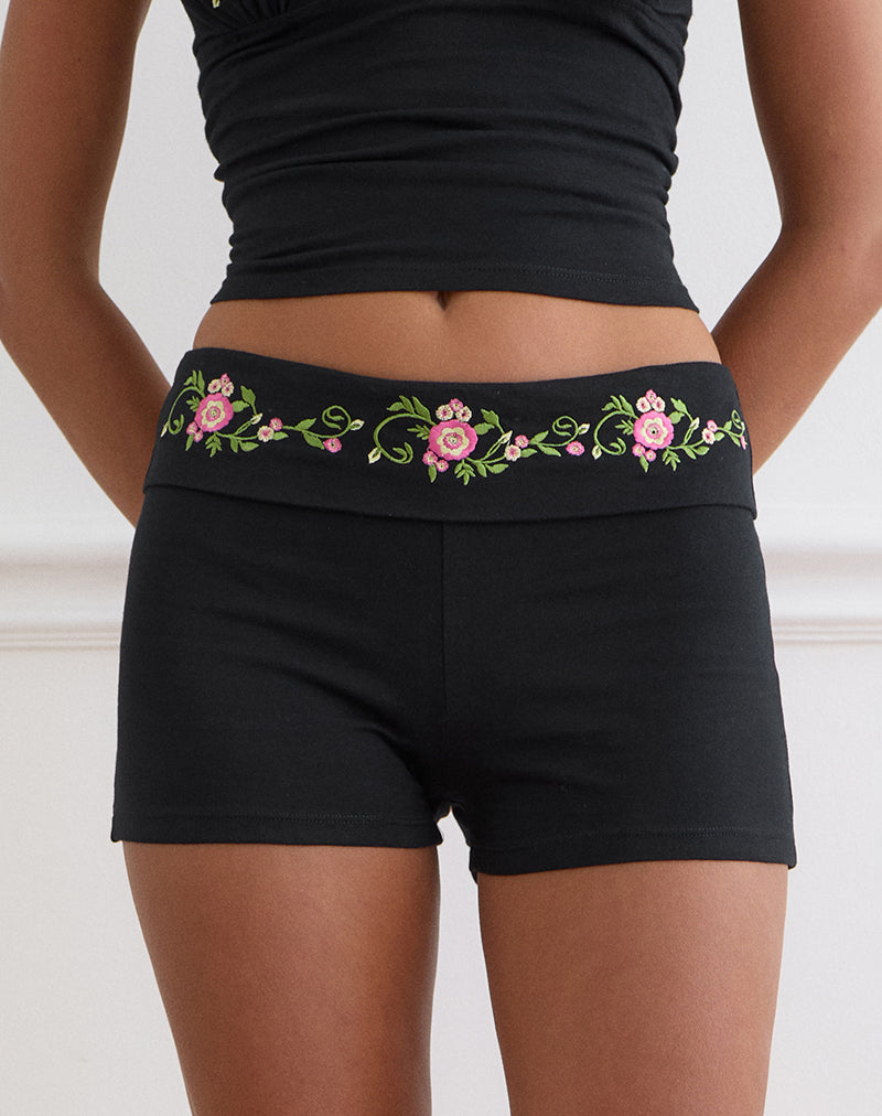 Sea Foldover Short in Black with Swirly Floral Embroidery