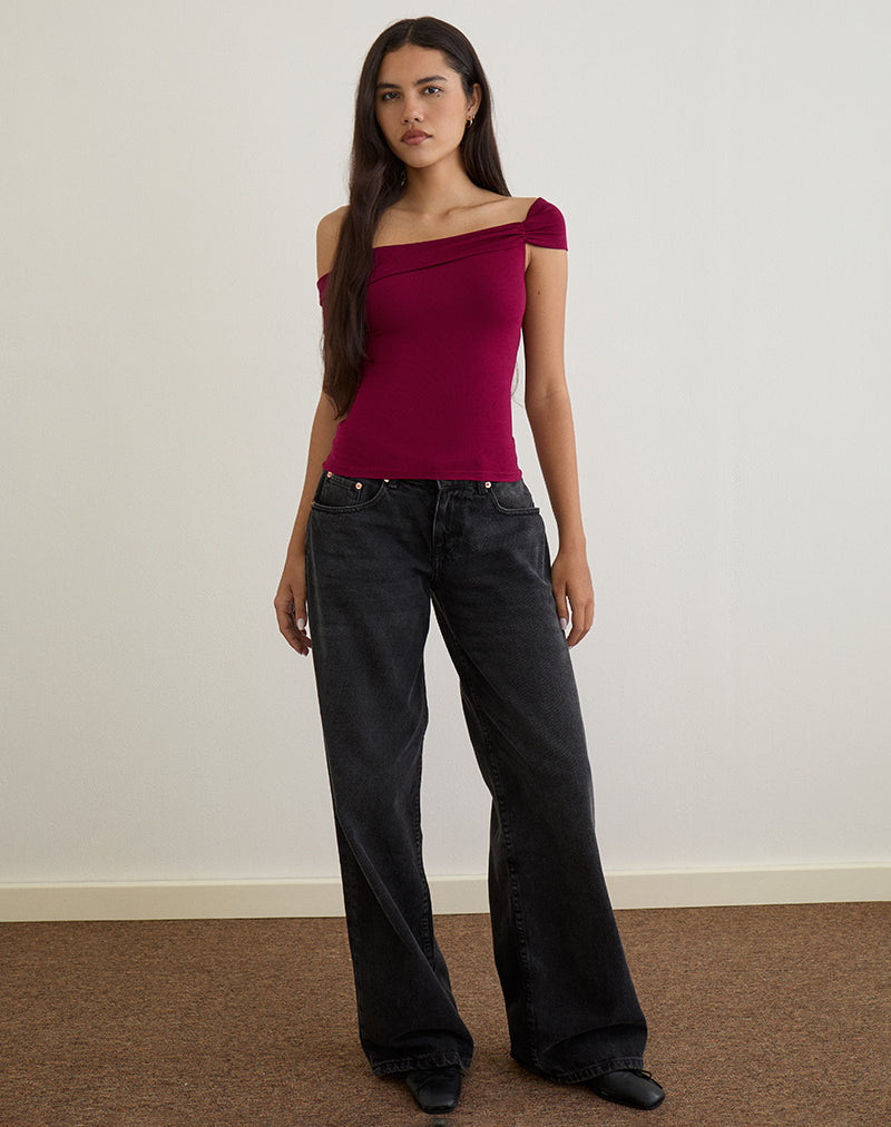 Image of Cuthbe Off the Shoulder Twist Top in Burgundy