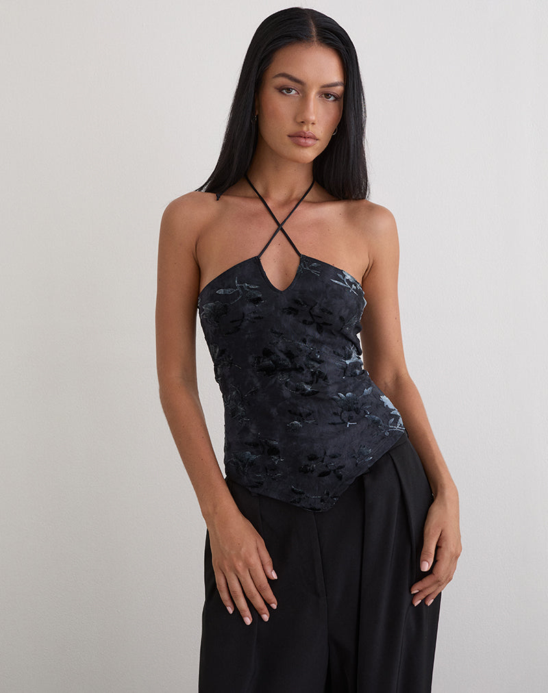 Image of Daiki Halterneck Top in Leaf Velvet Dark Blue