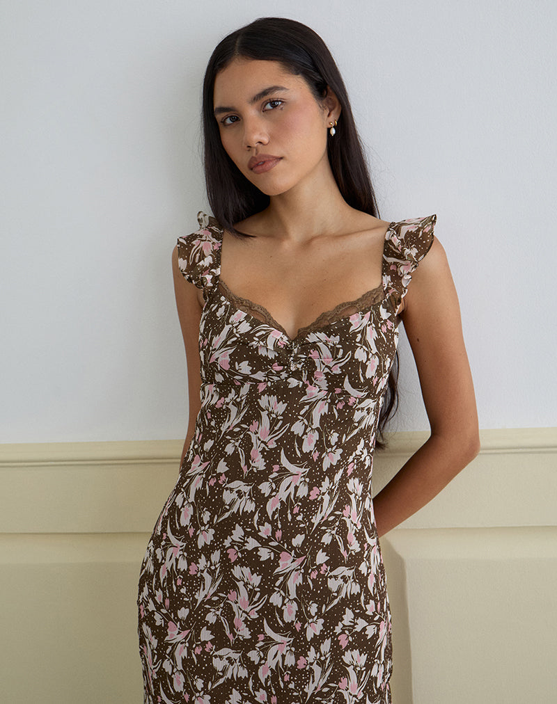 Daita Midi Dress in Brown and Pink Polka Flower Chiffon