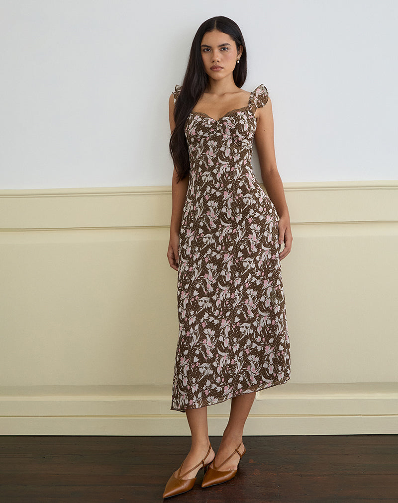 Daita Midi Dress in Brown and Pink Polka Flower Chiffon