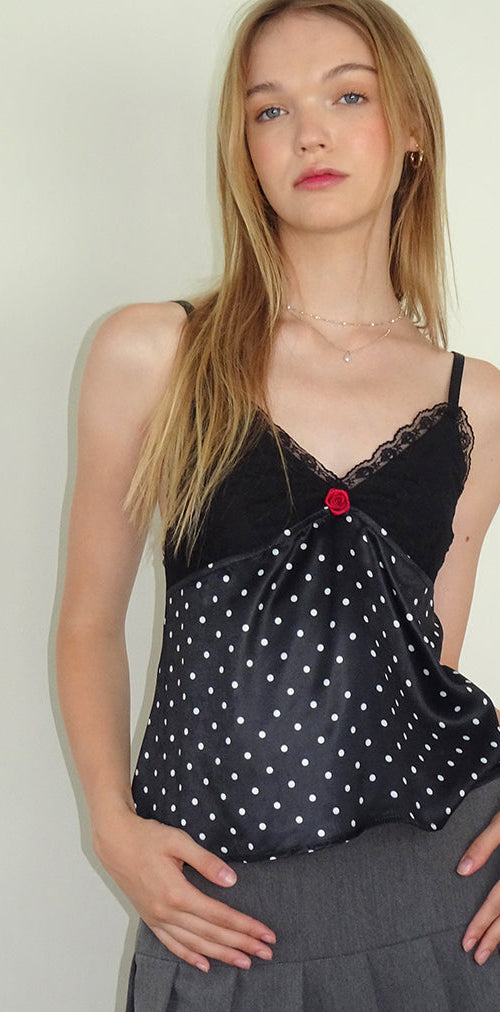 Image of Dalinda Cami Top in Black Polka Dot Satin