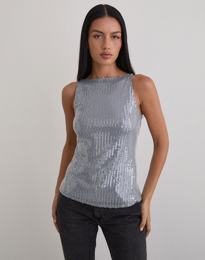 Image of Damske Vest Top in Clear Tinted Sequin Grey