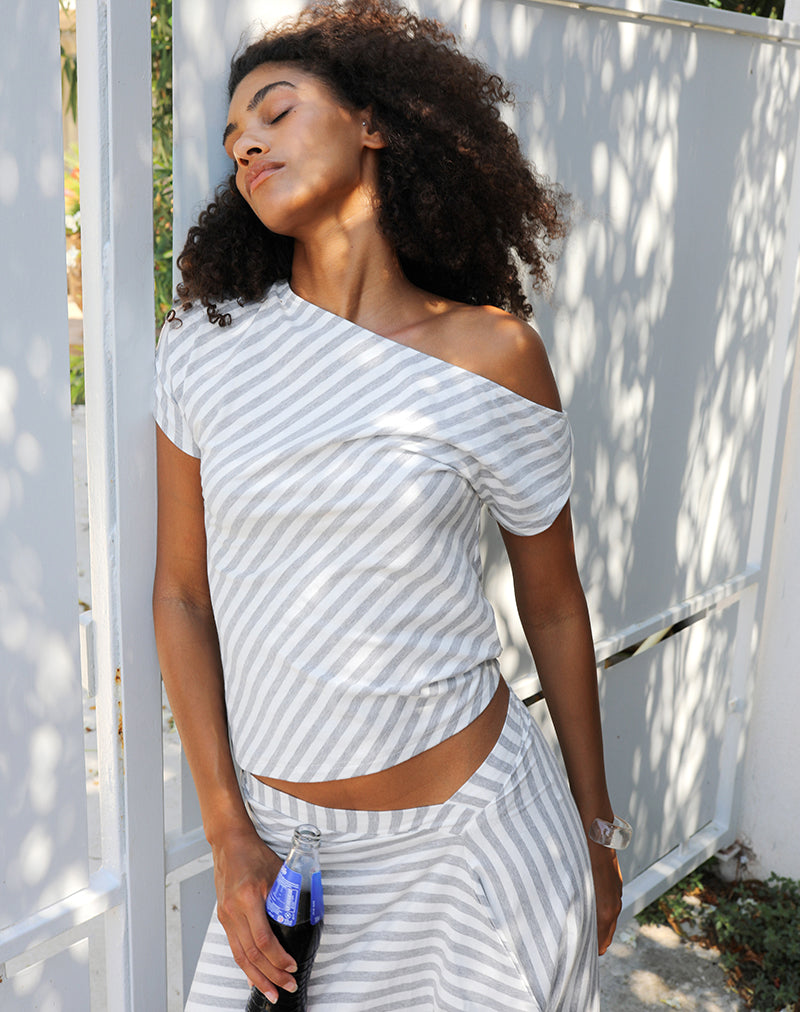 Danama One Shoulder Top in Rayon Jersey Grey and White Stripes