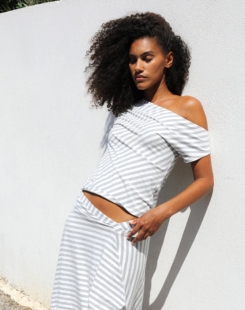 Danama One Shoulder Top in Rayon Jersey Grey and White Stripes