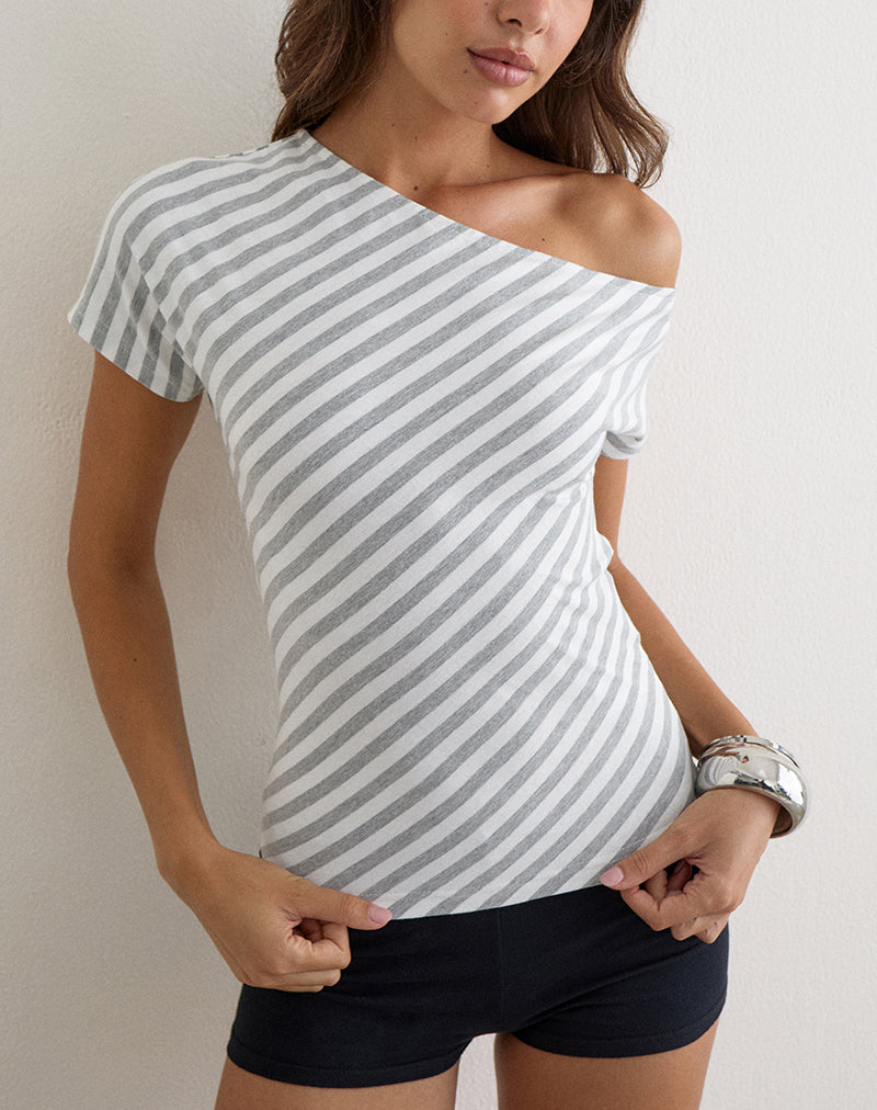 Danama One Shoulder Top in Rayon Jersey Grey and White Stripes