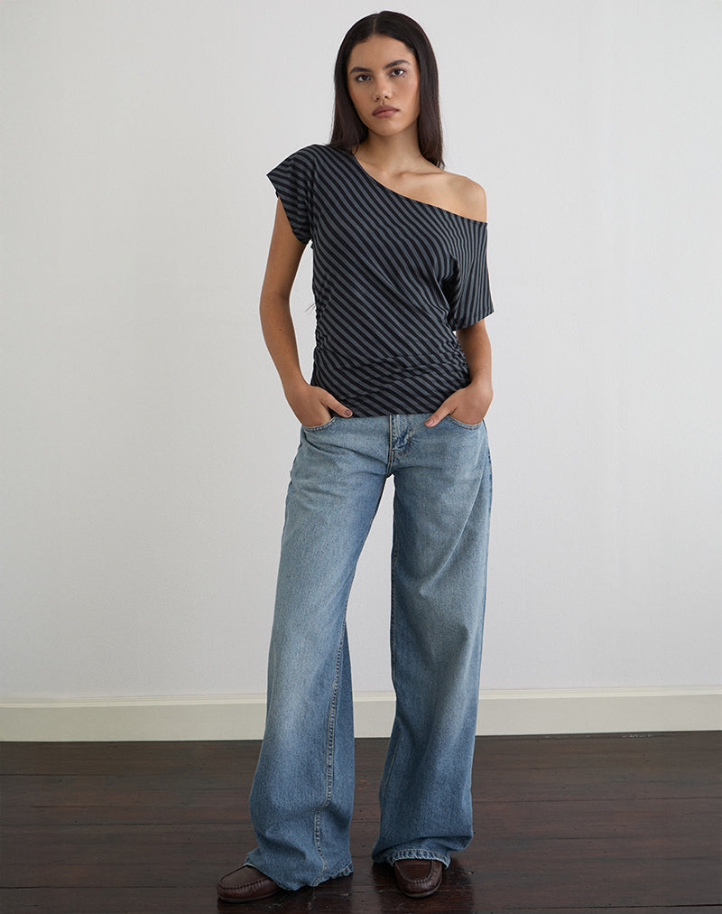 Image of Danama One Shoulder Top in Oblique Stripe Ocean Storm