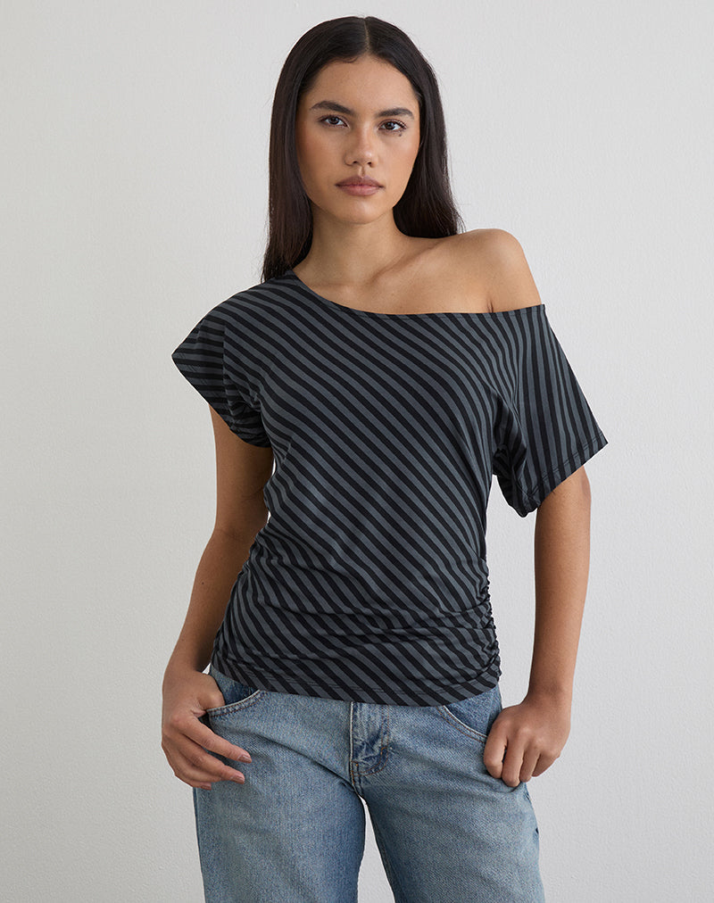 Image of Danama One Shoulder Top in Oblique Stripe Ocean Storm
