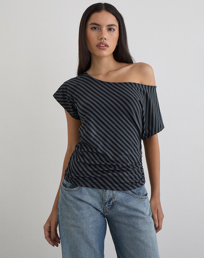 Image of Danama One Shoulder Top in Oblique Stripe Ocean Storm