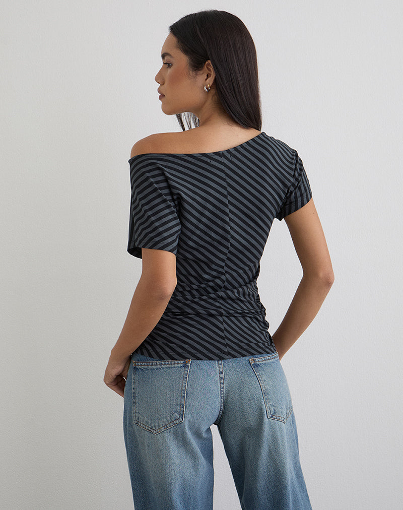 Image of Danama One Shoulder Top in Oblique Stripe Ocean Storm