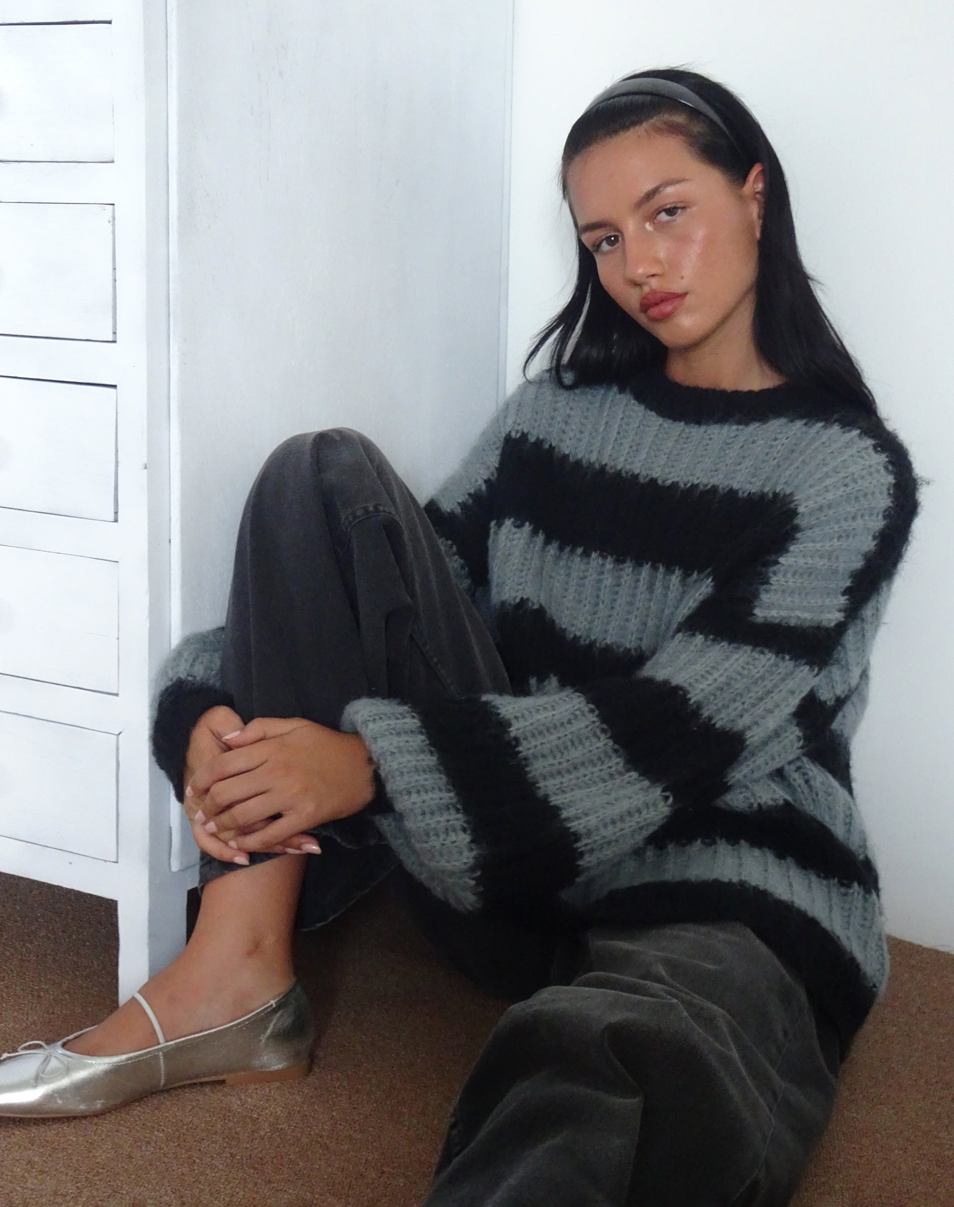Image of Daren Jumper in Grey and Charcoal Stripes