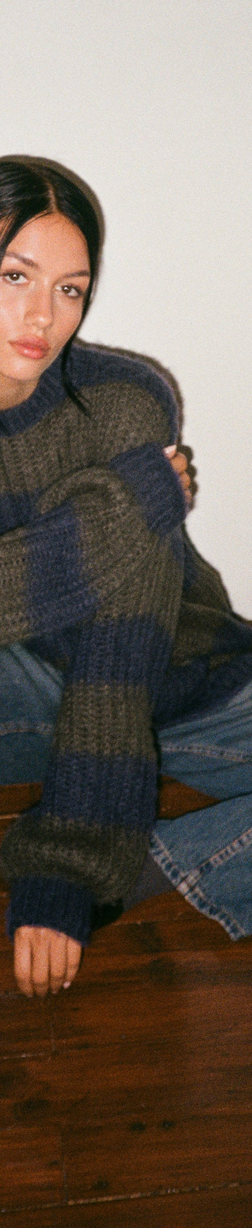 Image of Daren Knitted Oversized Jumper in Khaki and Navy Blue Stripe