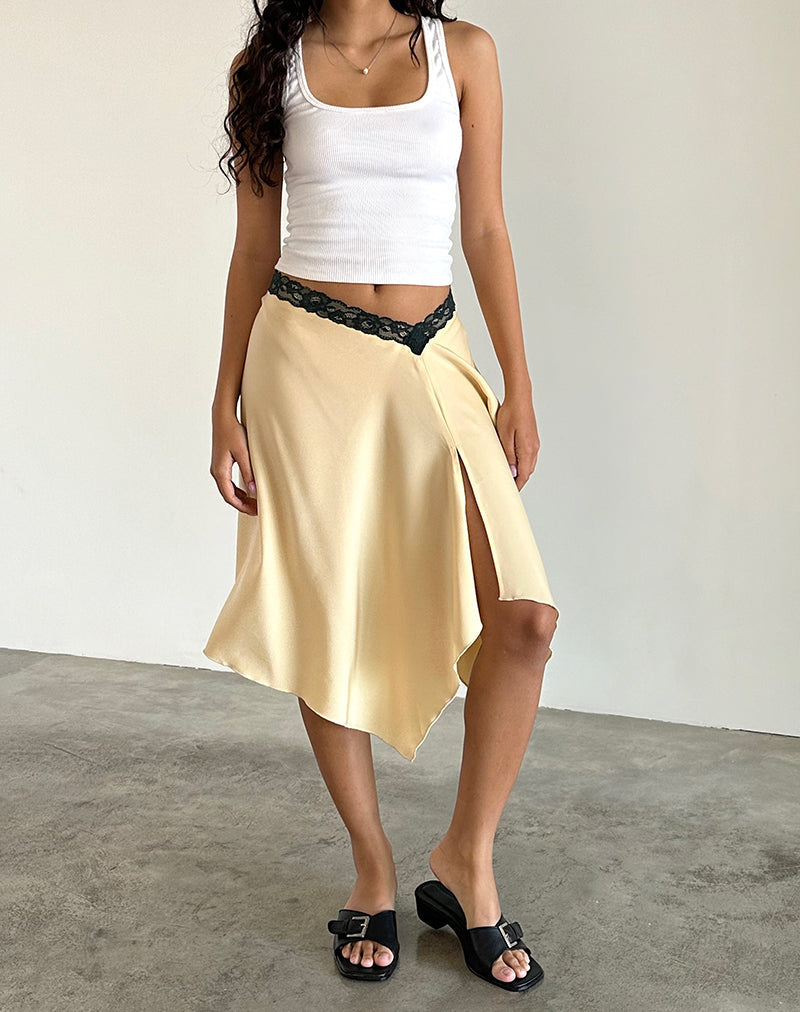 Houda Midi Skirt in Buttermilk with Grey Lace