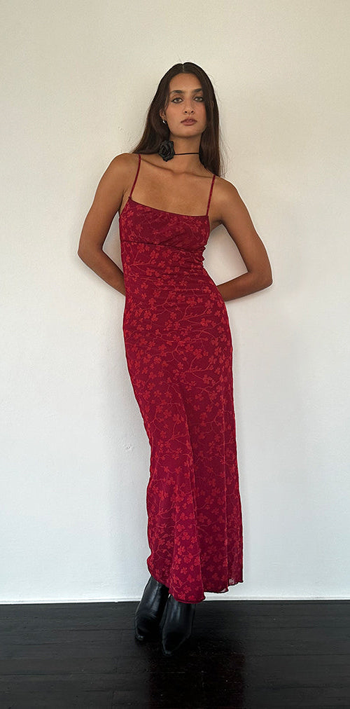 Image of Darsih Cami Maxi Dress Red Grunge Floral Flock