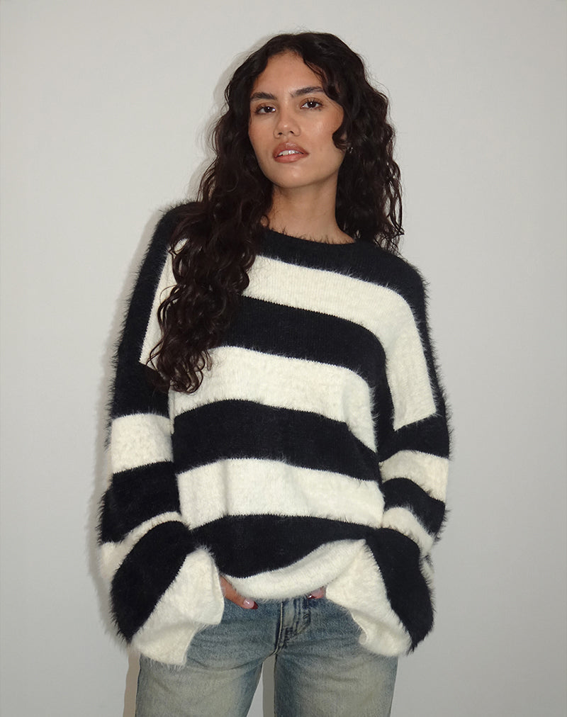 Daya Fluffy Jumper in Ivory and Black Stripe