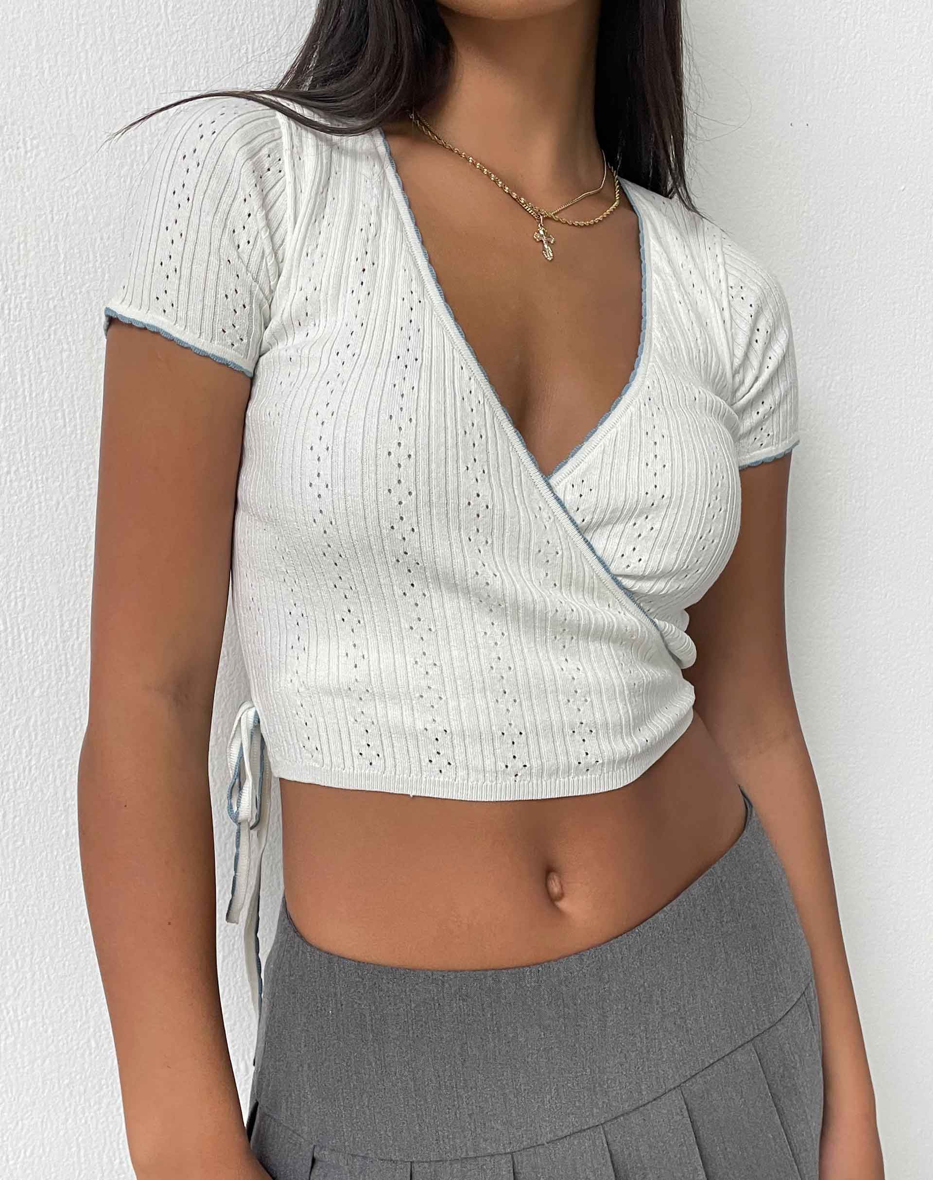 image of Delilah Wrap Top in White Pointelle Knit
