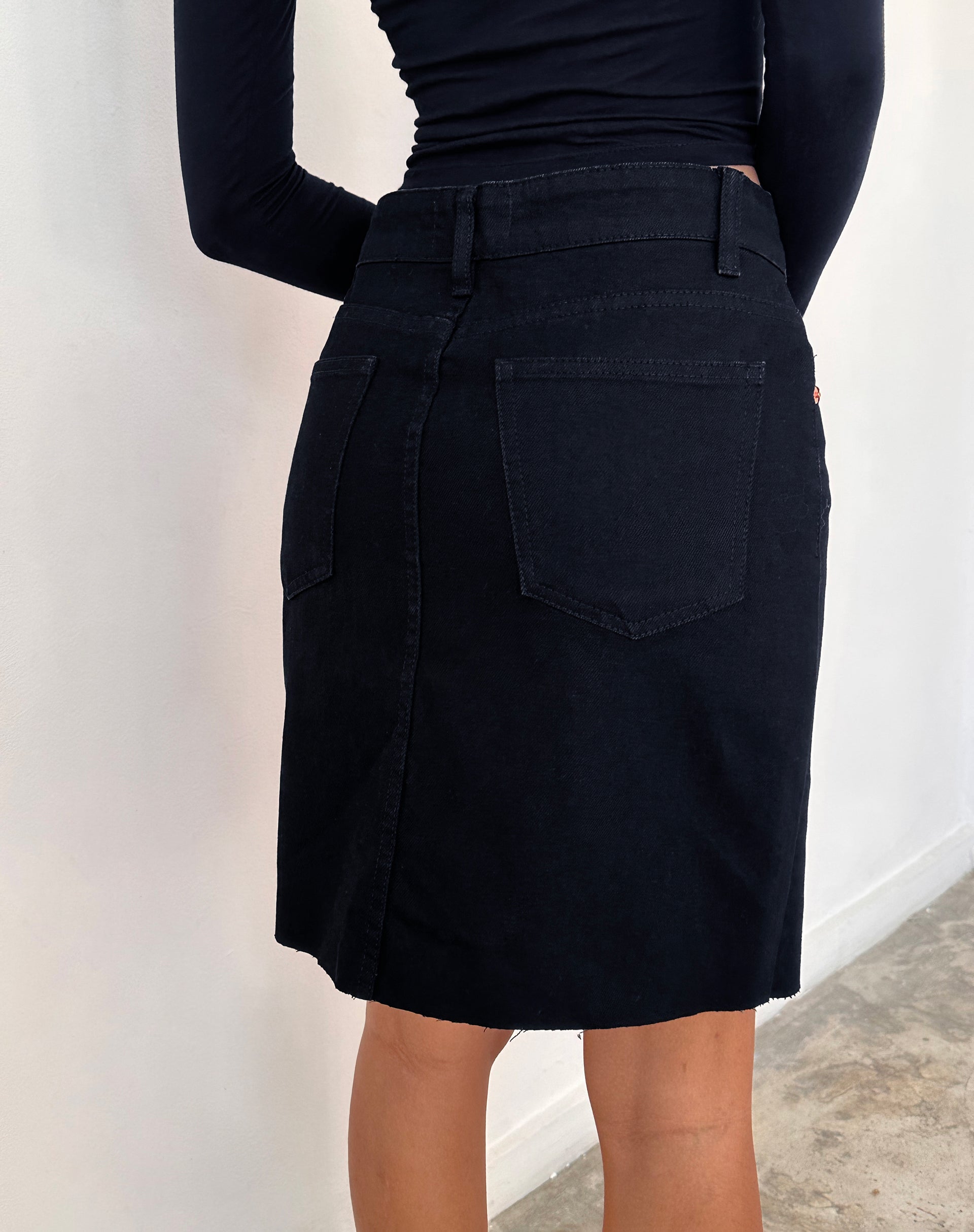 Image of Denim Knee Length Skirt in Rinse Black