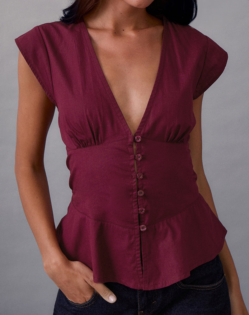 Image of Devlin V Neck Blouse in Poplin Burgundy
