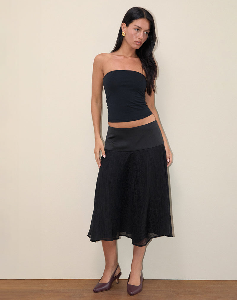 Diera Satin Chiffon Midi Skirt in Black