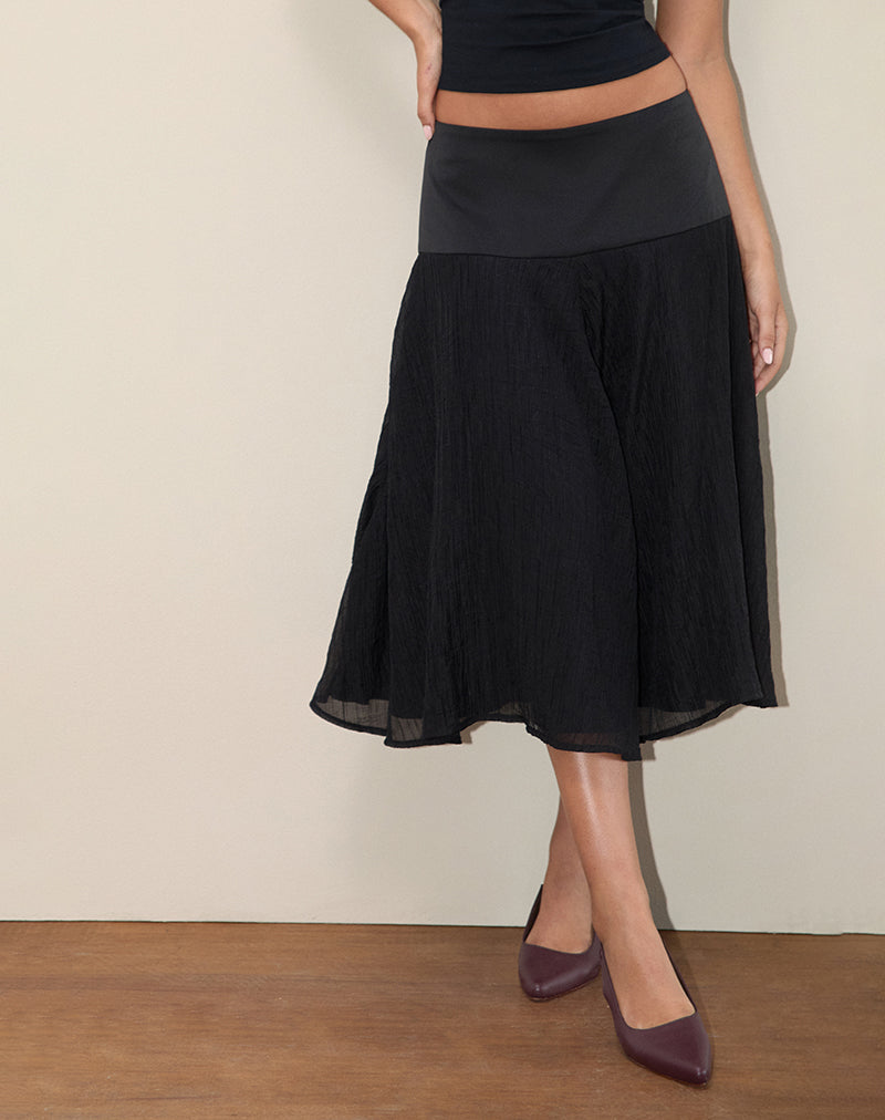 Image of Diera Satin Chiffon Midi Skirt in Black