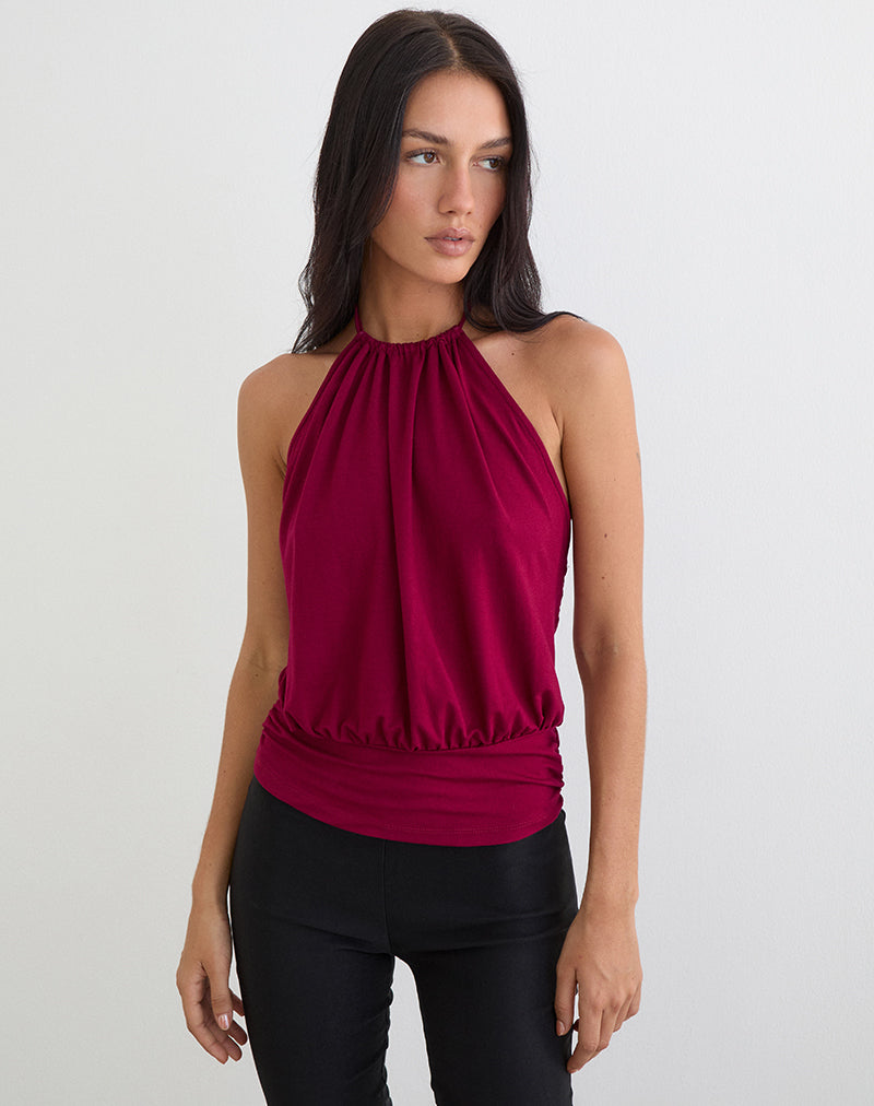 Image of Diraka High Neck Top in Rayon Jersey Burgundy