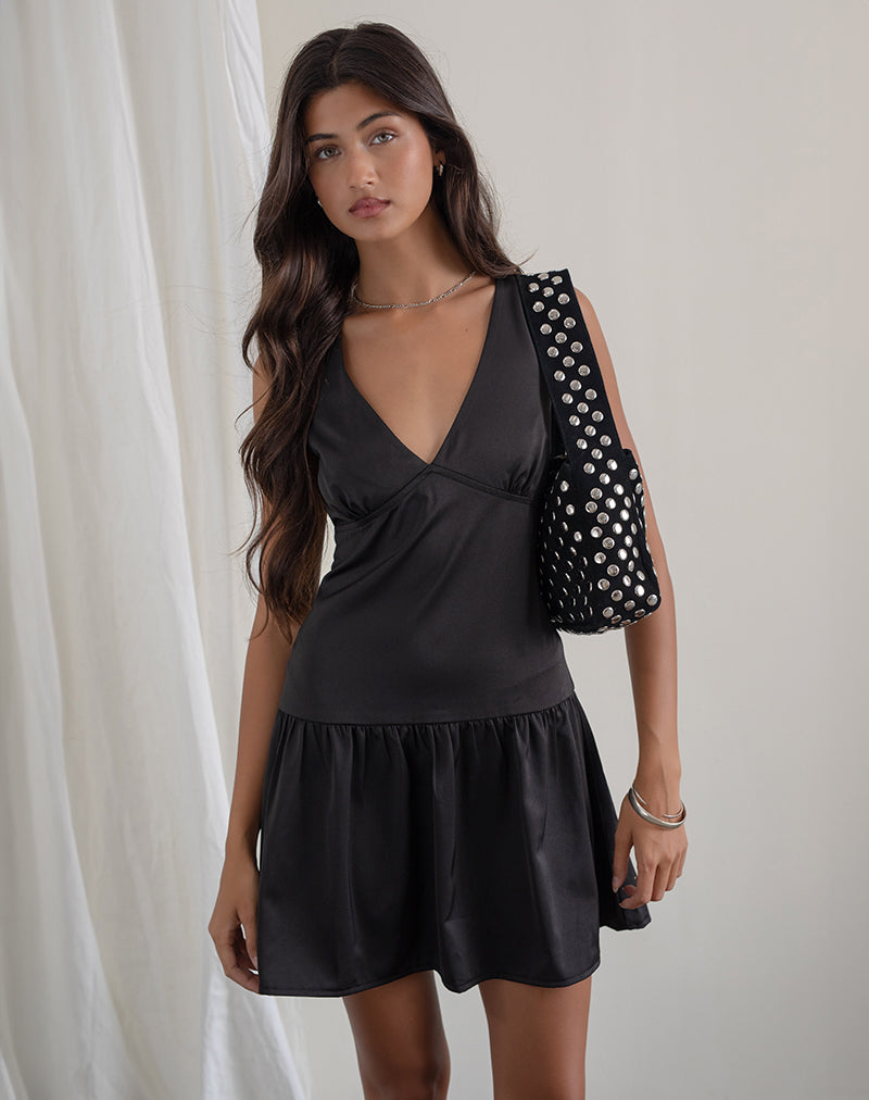 Distia Plunge Puff Mini Dress in Black