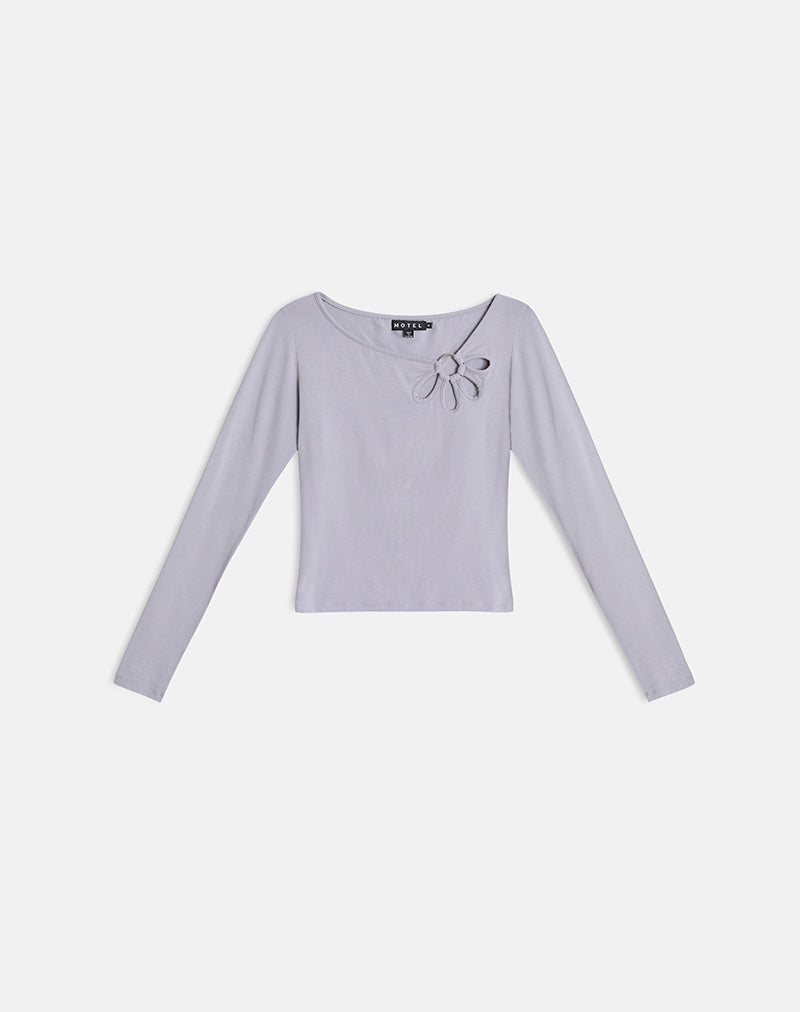 Donela Long Sleeve Top with Flower Ring in Lilac Grey