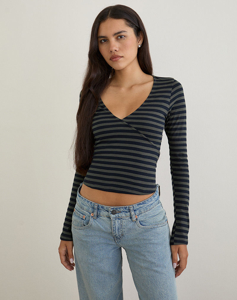 Dulcet Ribbed Plunge Top in Classic Striped Navy and Grey