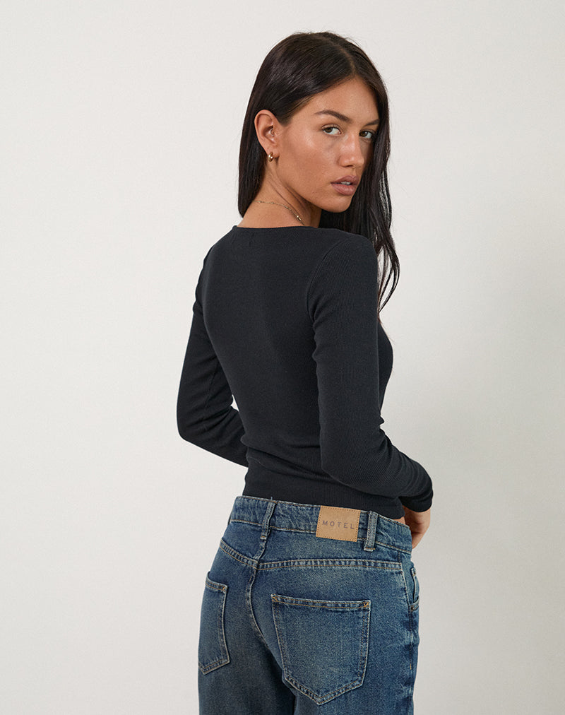 Image of Dulcet Ribbed Plunge Long Sleeve Top in Black