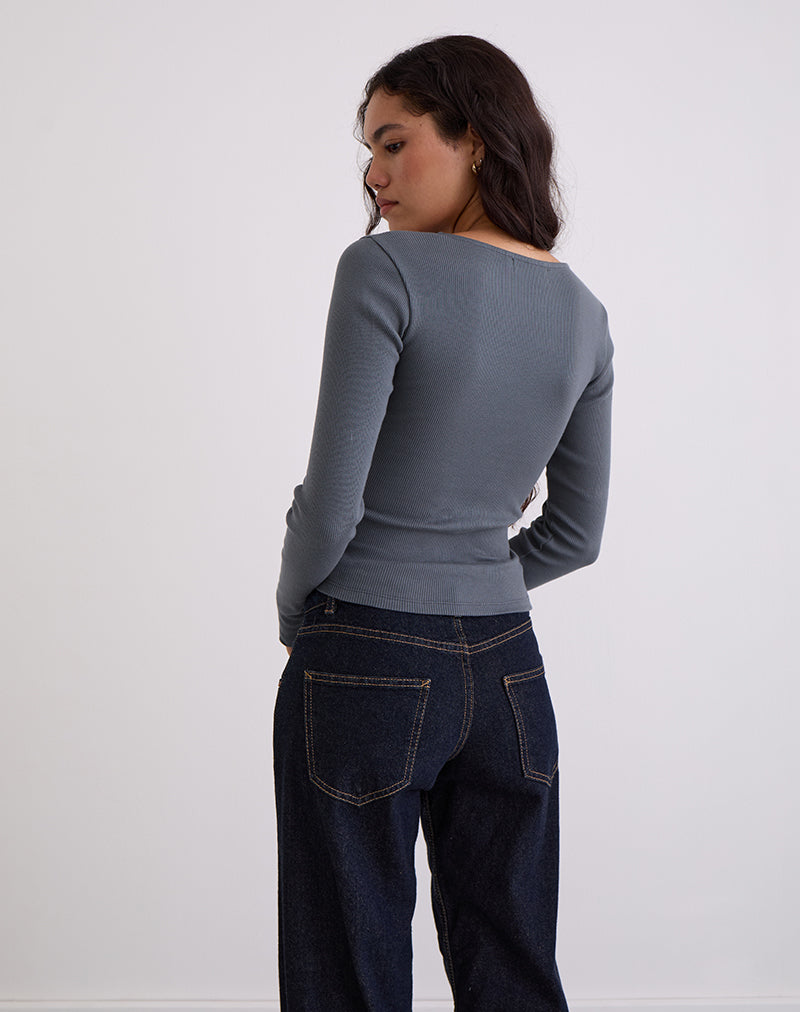 Image of Dulcet Ribbed Plunge Long Sleeve Top in Blue Granite