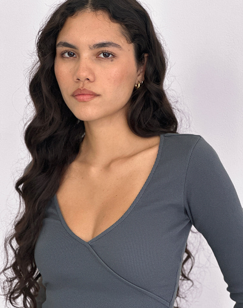 Image of Dulcet Ribbed Plunge Long Sleeve Top in Blue Granite