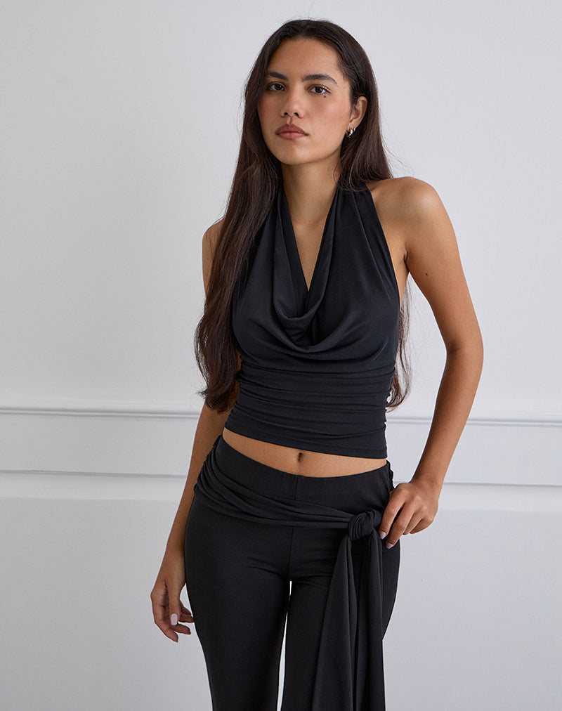 Image of Nyra High Neck Top in Cupro Black
