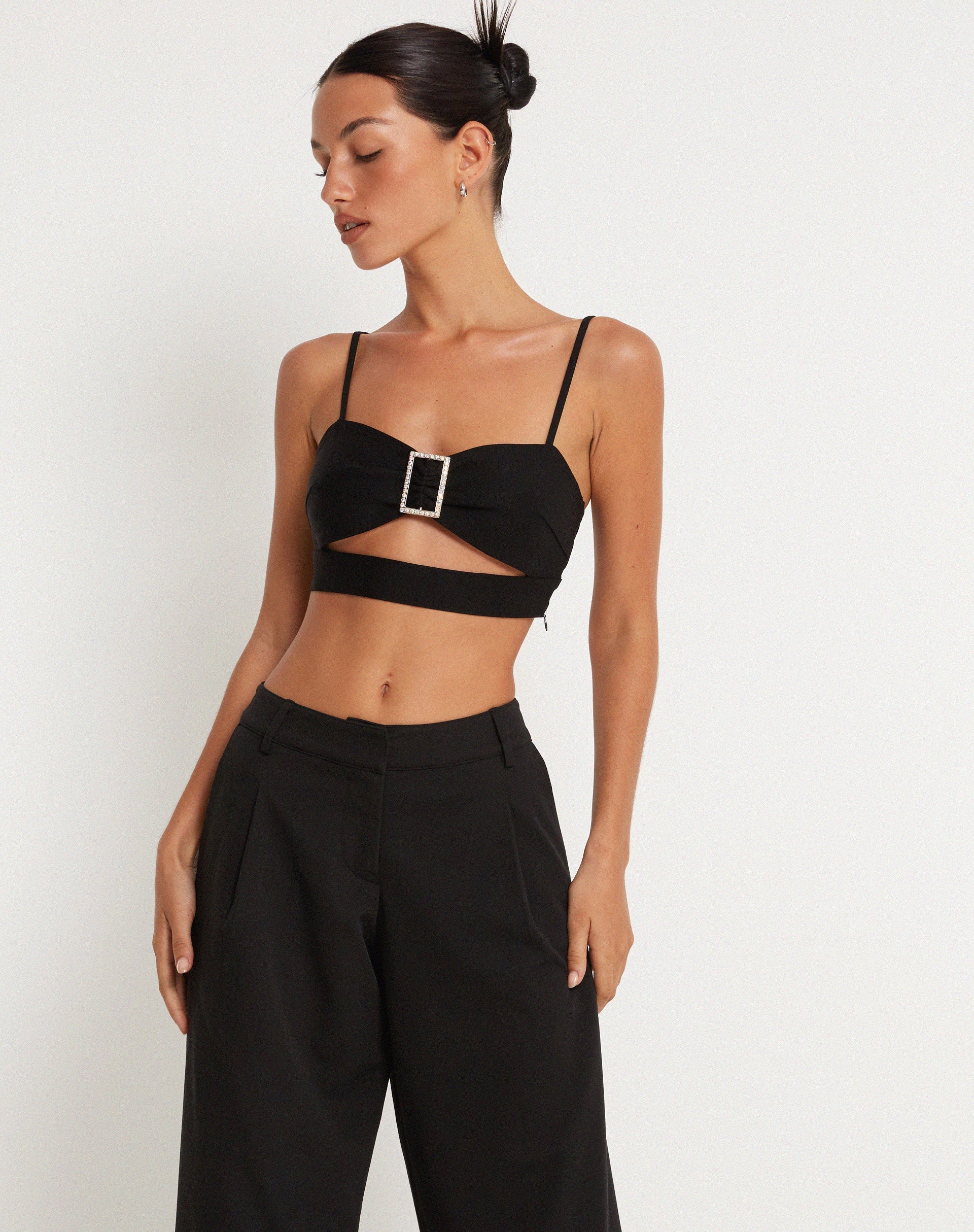 Image of Elenia Buckle Detail Crop Top in Black