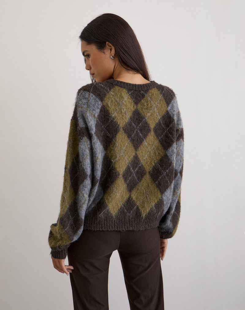 Brown Argyle Slouchy Knit Cardigan | Eliana – motelrocks-com-aus