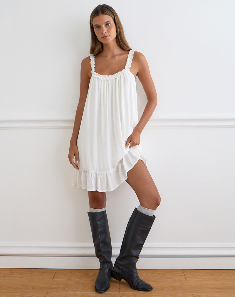 Elowen Frill Mini Dress in Crinkle Off White