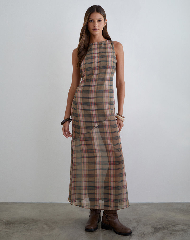 Elska Maxi Dress in Brown and Pink Blurry Check