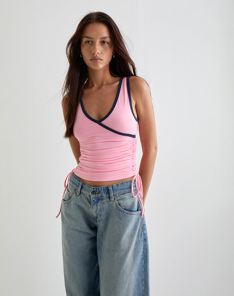 Image of Laird Wrap Top in Ballet Pink with Navy Binding