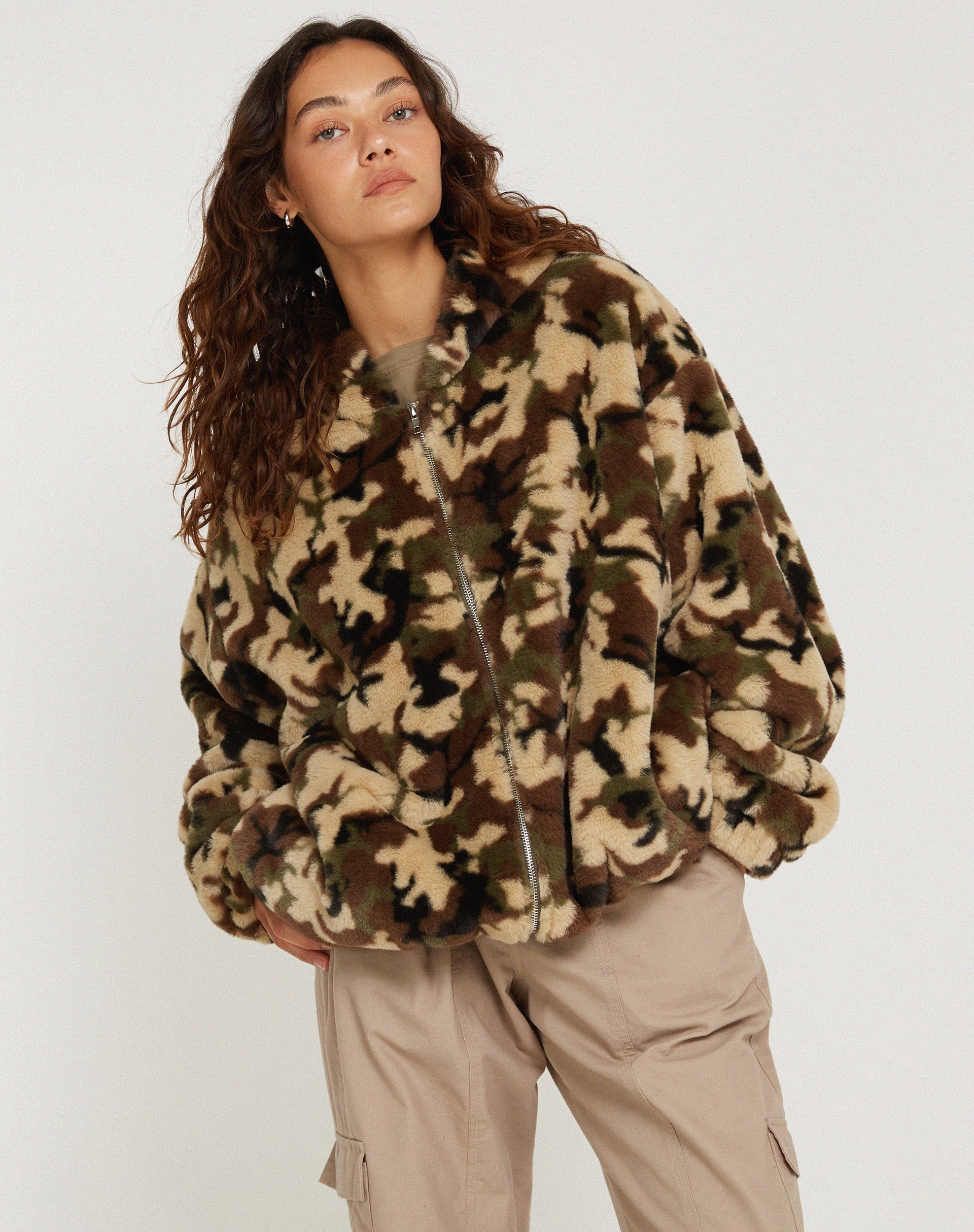 image of Emerson Faux Fur Jacket in Camo Brown Pebble