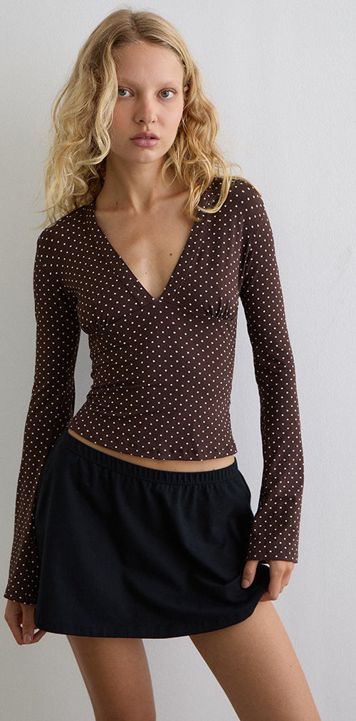 Image of Emesy Long Sleeve Top in MIcro Polka Brown