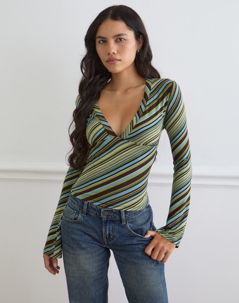 Image of Emesy Long Sleeve Top in Mixed Stripe Green