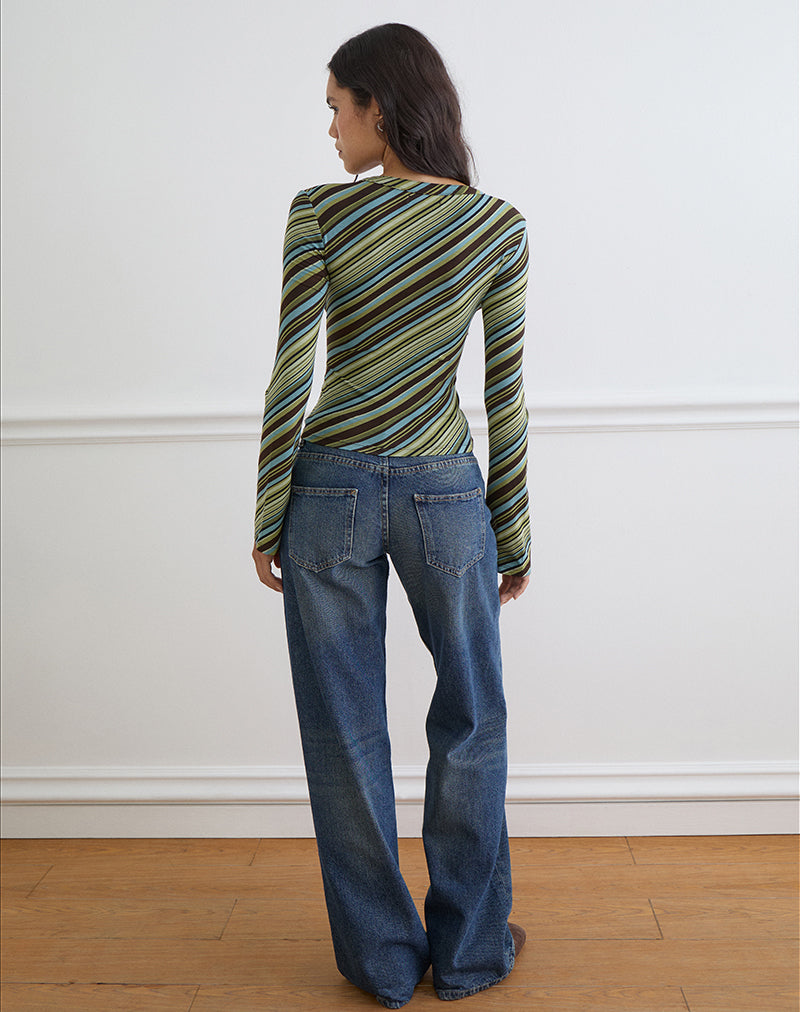 Image of Emesy Long Sleeve Top in Mixed Stripe Green