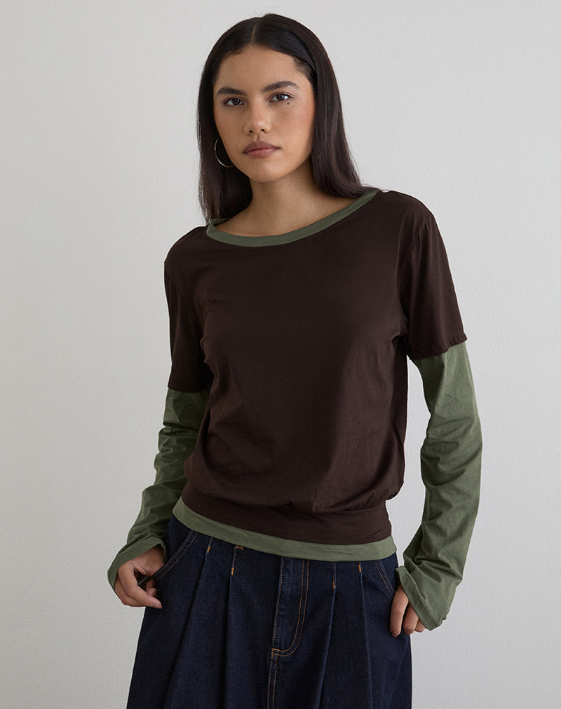 Image of Enidy Long Sleeve Top in Jersey Chocolate and Khaki Combo