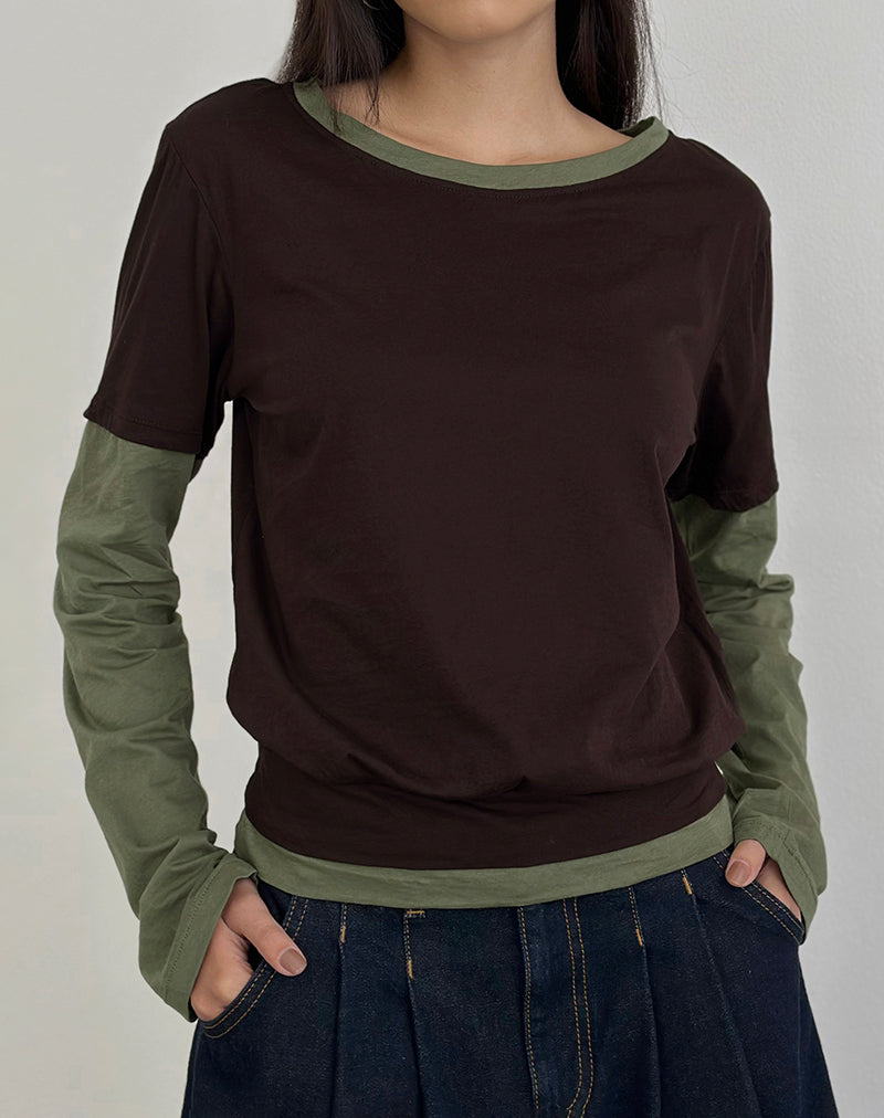 Enidy Long Sleeve Top in Jersey Chocolate and Khaki Combo