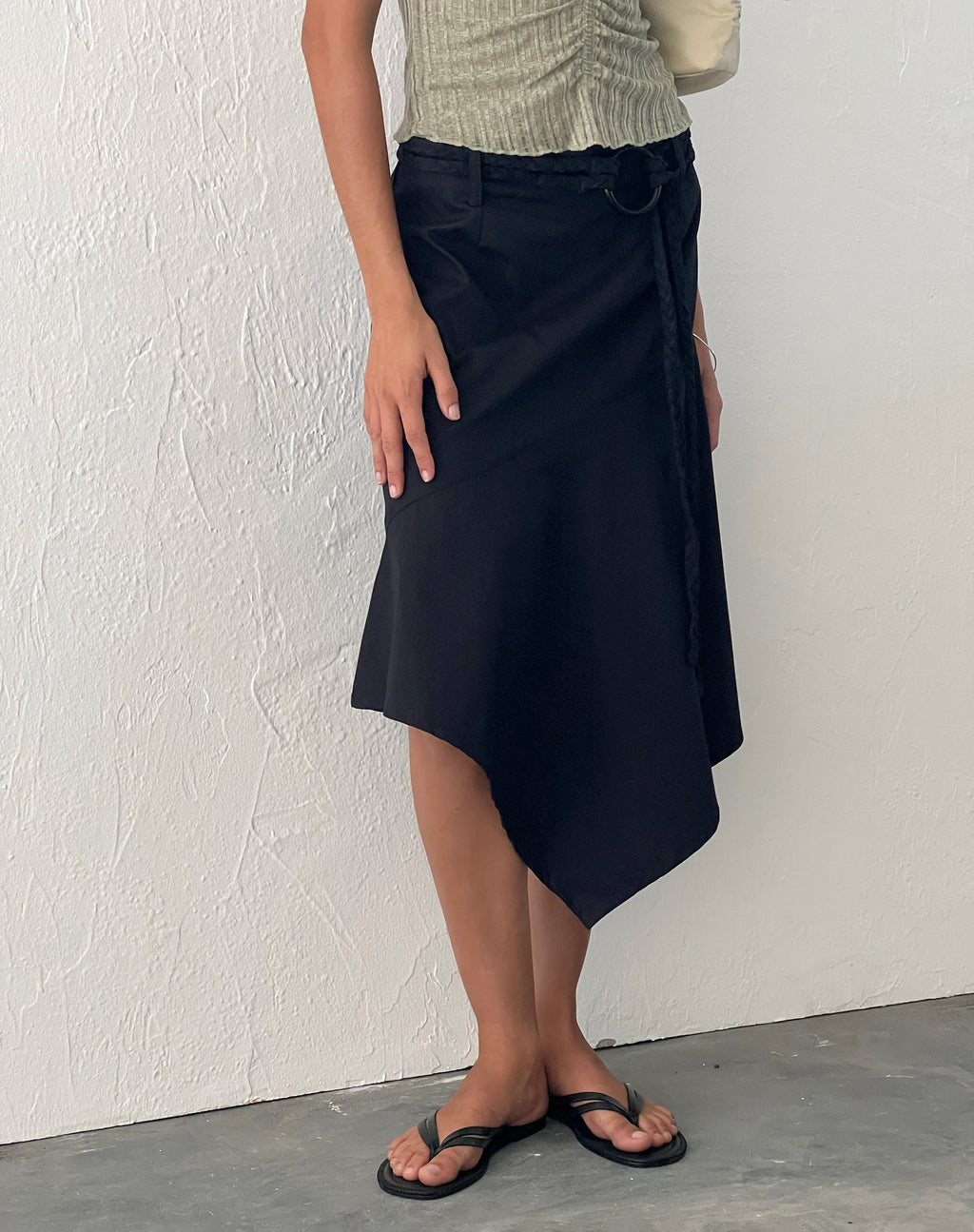 Nejusi Asymmetric Midi Skirt in Black with Braided Belt