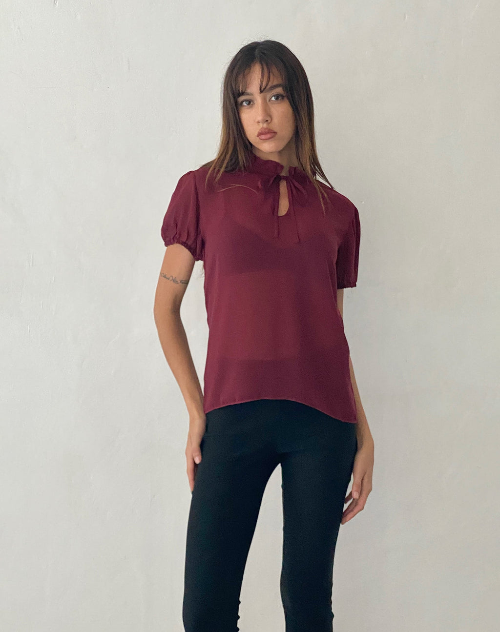 Enzo High Neck Blouse in Oxblood Chiffon