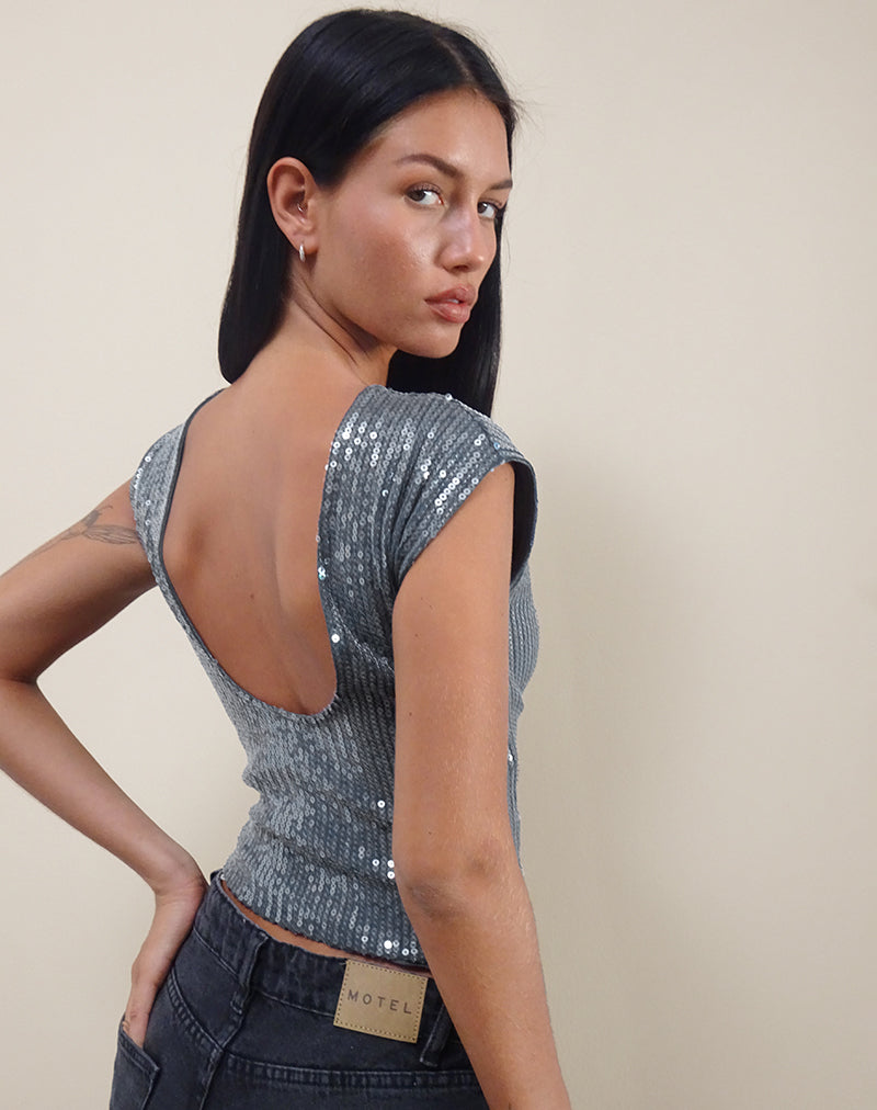 Image of Erika Low Back Top in Shimmer Sequin Charcoal